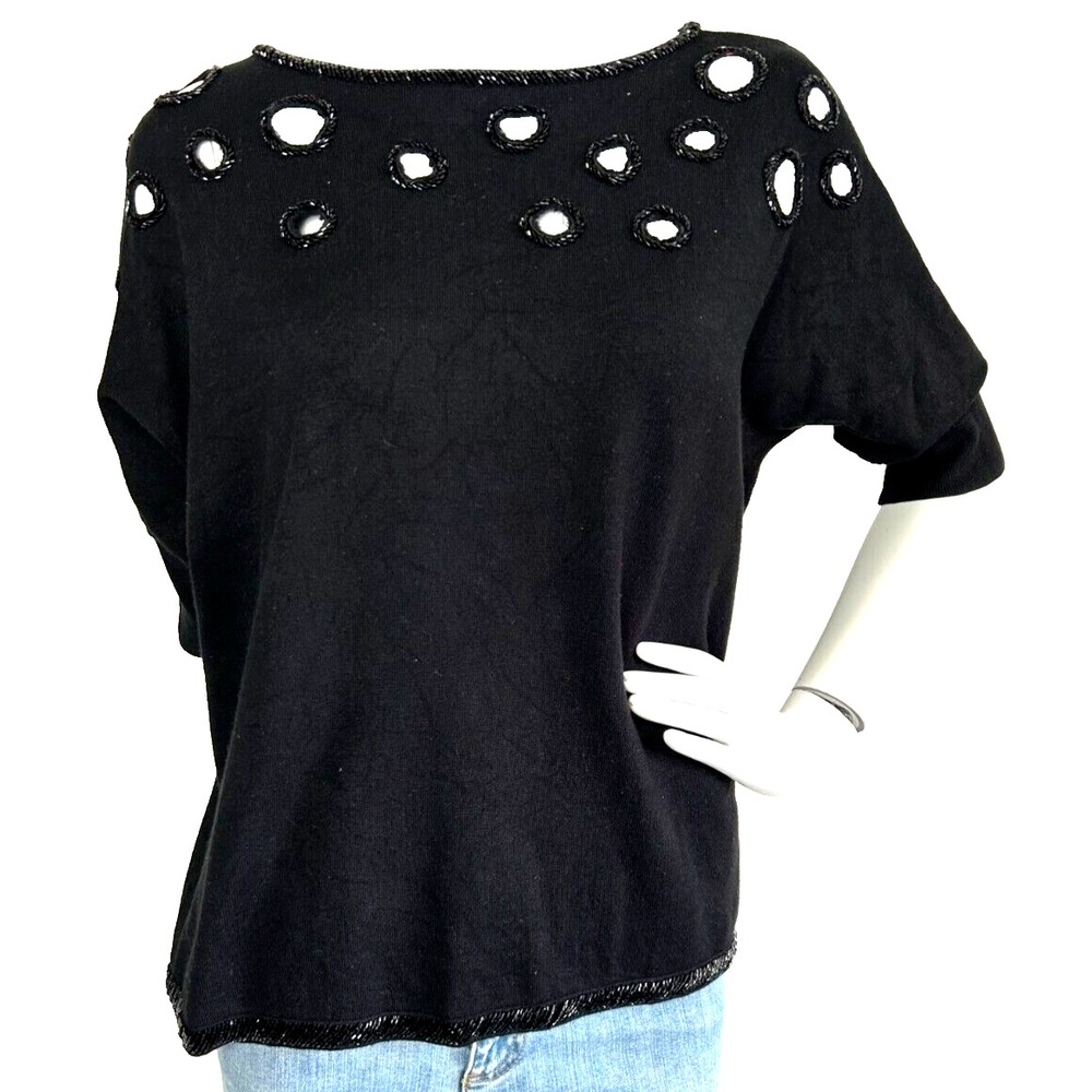 Leo & Ugo Paris Beaded Cutout Sweater Black Dolman Sleeve Knit Top Women 5 XL